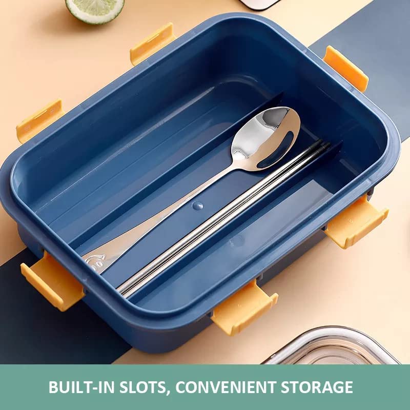 Image of Techno Buzz Deal Stainless Steel Bento Lunch Box, 3 Compartments, with Spoon, Fork and Chopsticks (Multi Color)