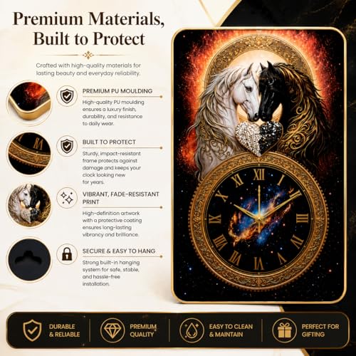 Image of Twin Horse Wall Clock 18 Inch | Silent Non-Ticking Galaxy Artwork Dial | Gold Roman Numerals | Premium PU Moulding Frame | Home Decor for Living Room Bedroom Office | Perfect Housewarming Diwali Gift
