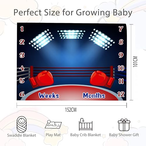 Image of Boxing Theme Baby Monthly Milestone Blanket, 60x40in Soft Flannel, Arena Lights Backgrounds, Newborn Mom Gifts, Boy Baby Shower Age Growth Tracker with Bonus Maker