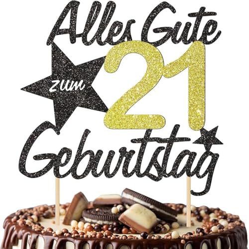 Alles Gute Zum 21 Geburtstag Cake Topper, Black Gold Glitter German Happy Birthday 21st Cake Decoration, Cheers to 21 Years Cake Charm Party Decoration Supplies (21)