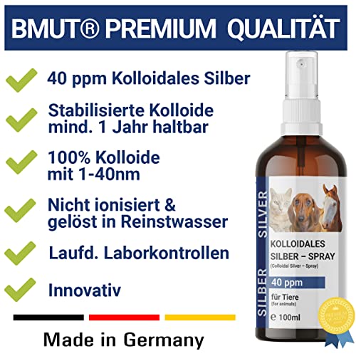 BMUT 1x 100ml Kolloidales Silberspray für Haustiere – Hund, Katze, Pferd – Wundspray – Gegen Juckreiz– Milben – 40 ppm