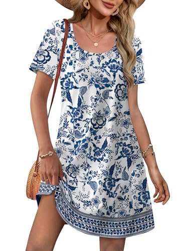 OFEEFAN Summer Dresses for Women 2026 Loose U Neck Short Sleeve Casual Beach Vacation Tshirt Dress Sundresses with Pockets