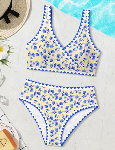 Image of KANGKANG Girls Swimsuit Bikini Set Solid Color V-Neck Two Piece Bathing Suit with Chest Pad Adjustable Straps Swimwear 7-16T