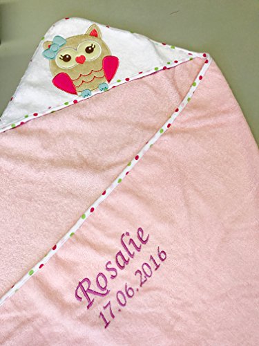 KIDDI-MEDIA Kapuzenhandtuch Bestickt mit Name und Geburtsdatum / 100x100 cm / kuschelig weich / 1A Qualität / 100% Baumwolle (Rosa - Eule) Cover