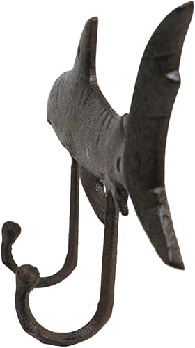 Miniatura 7 de Ebros Gift Paquete de 2 ganchos de hierro fundido rústico náutico marino océano mar gran tiburón blanco 2 clavijas ganchos de doble pared 12