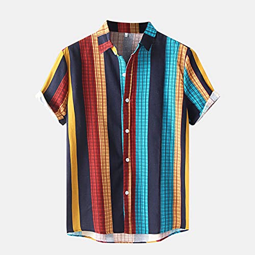 Camisa manga virada para baixo gola listrada camisa masculina casual curto emenda botão camisas masc
