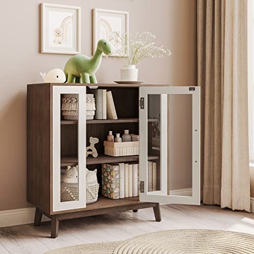 Belleze Sideboard Buffet Cabinet, Modern Curio Cabinet 3-Tiers Console Table For Kitchen Glass Display Cabinet Storage/Pantry Cabinet Coffee Bar For Living Room Bedroom Entryway, White #TOP2