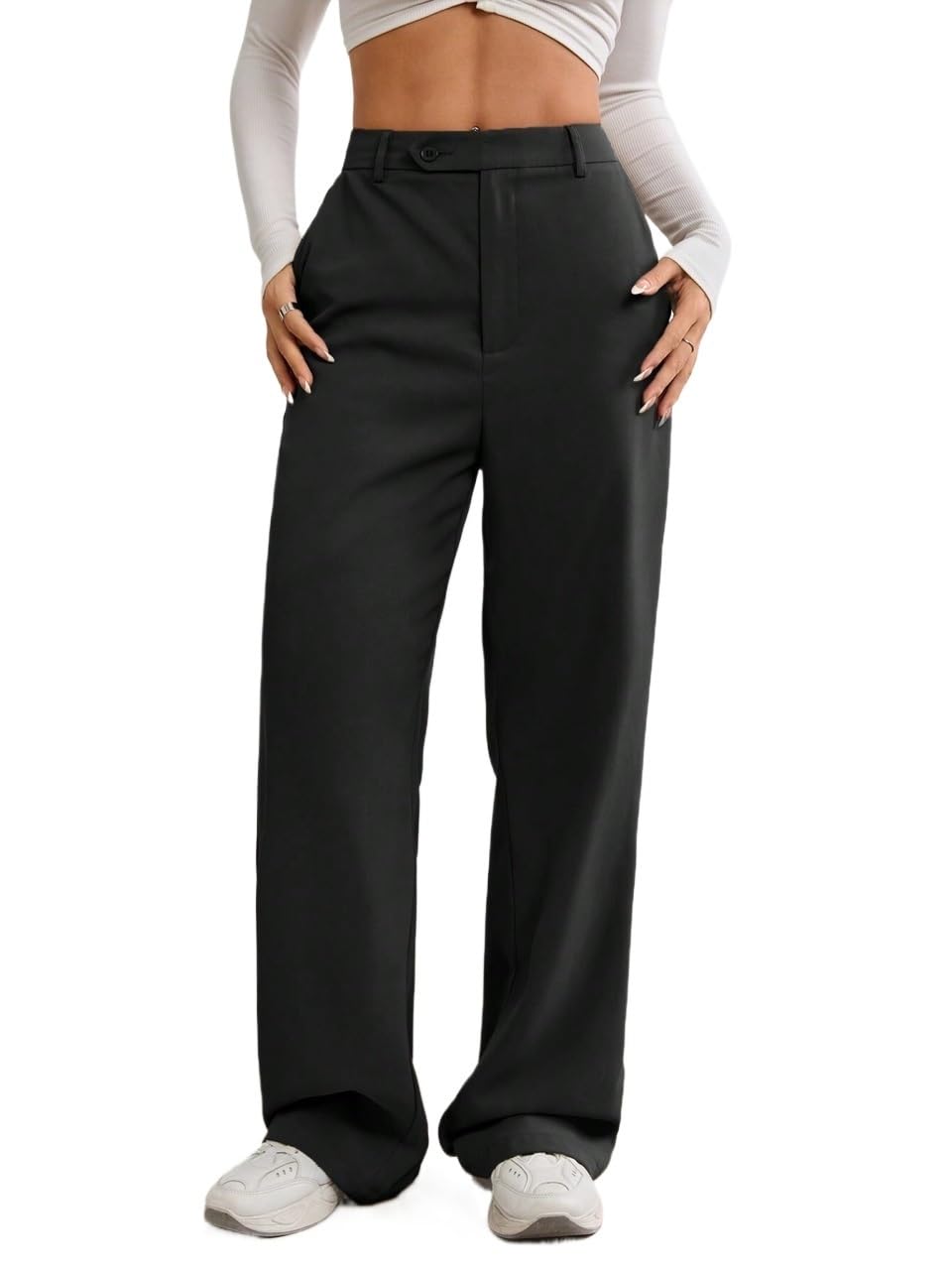 Fall High Waisted Loose Pant Trousers for Women with Pocket Solid Color Straight Leg Elegant Office Pants Outfits
