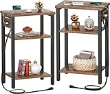 Cyclysio End Table Set of 2 with Charging Station, 3 Tier Small Nightstand with Storage Shelf, Slim