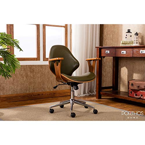 Porthos Home Lilian Office Chairs In Mid Century Modern Design With Arm Rests, Leather Upholstery, Height Adjustment & Stainless Steel Legs, Green #TOP1