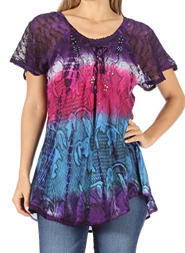 Sakkas Dina Relaxed Fit Sequin Tie Dye Embroidery Cap Sleeves Blouse/Top