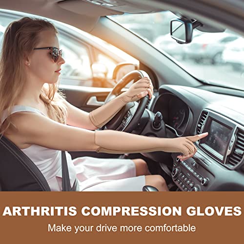 Janmercy 3 Pairs Arthritis Compression Gloves Outside Seams Fingerless Compression Gloves for Women Men Carpal Tunnel Swelling (Nude, Extended)