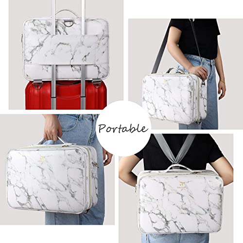 Image of Adson Large Makeup Bag 3 Layers Professional Train Cosmetic Bag Makeup Organizer Case Artist Storage Brush Box with Adjustable Dividers and Strap for Makeup Accessories (White Marble Pattern)