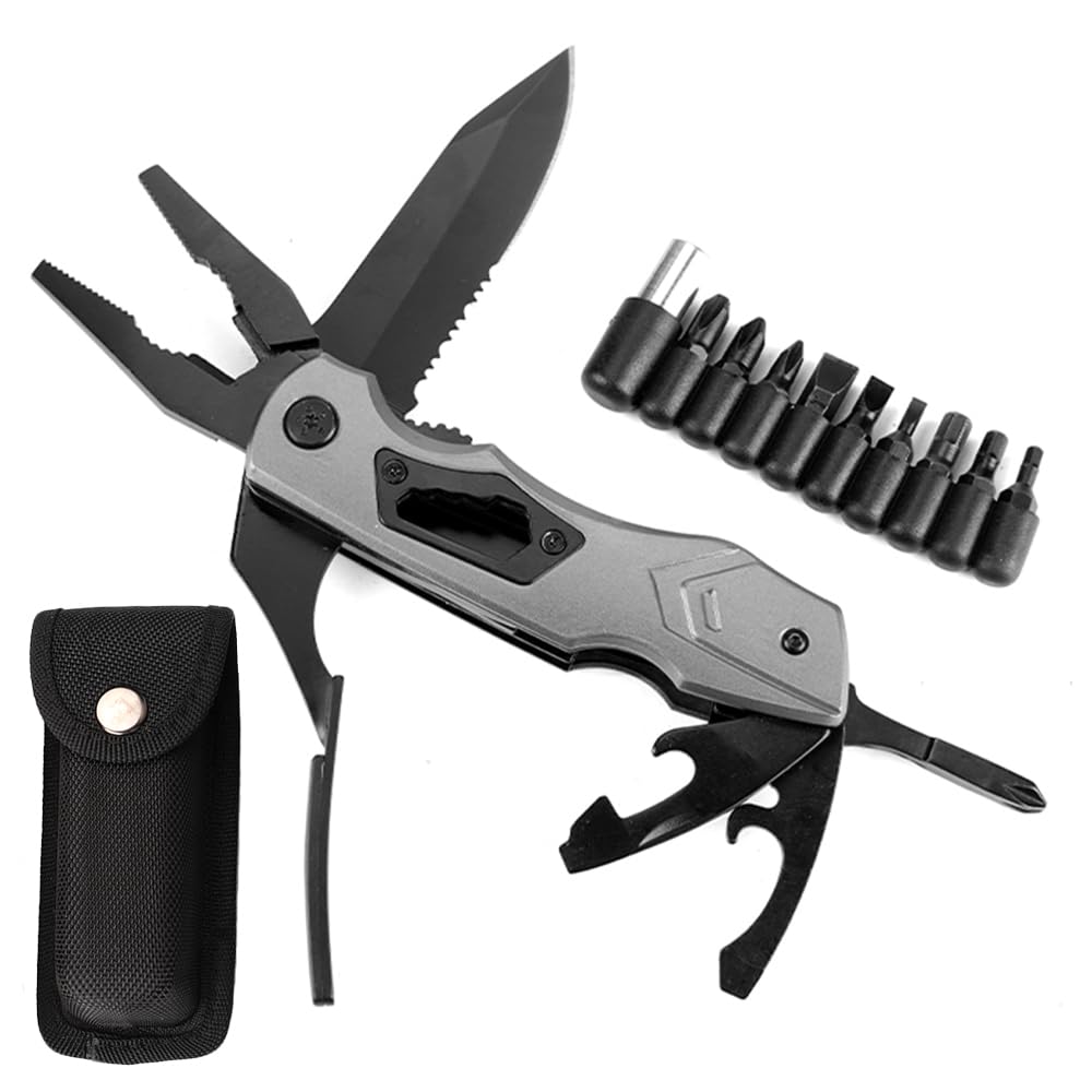 Multi Tool, Multitool Pliers Pocket Folding Camping Knife, Bottle & Can Opener 10-Pack Screwdrivers Set Liner Lock Nylon Sheath, Chrismas/Birthday Gifts for Men/Dad (Grey)