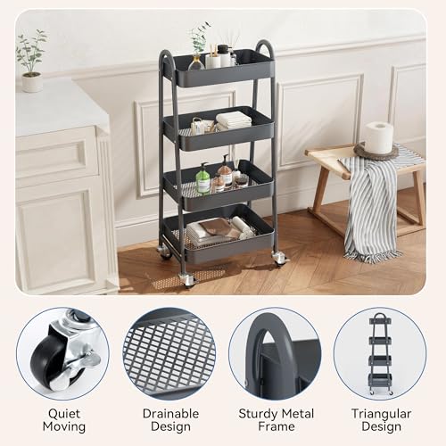 Image of OLIXIS Metal 4 Tiers Utility Rolling Cart, Mobile Storage Shelf with Lockable Caster Wheels, Organization for Livingroom, Bathroom & Narrow Places, 4-Tier Gray