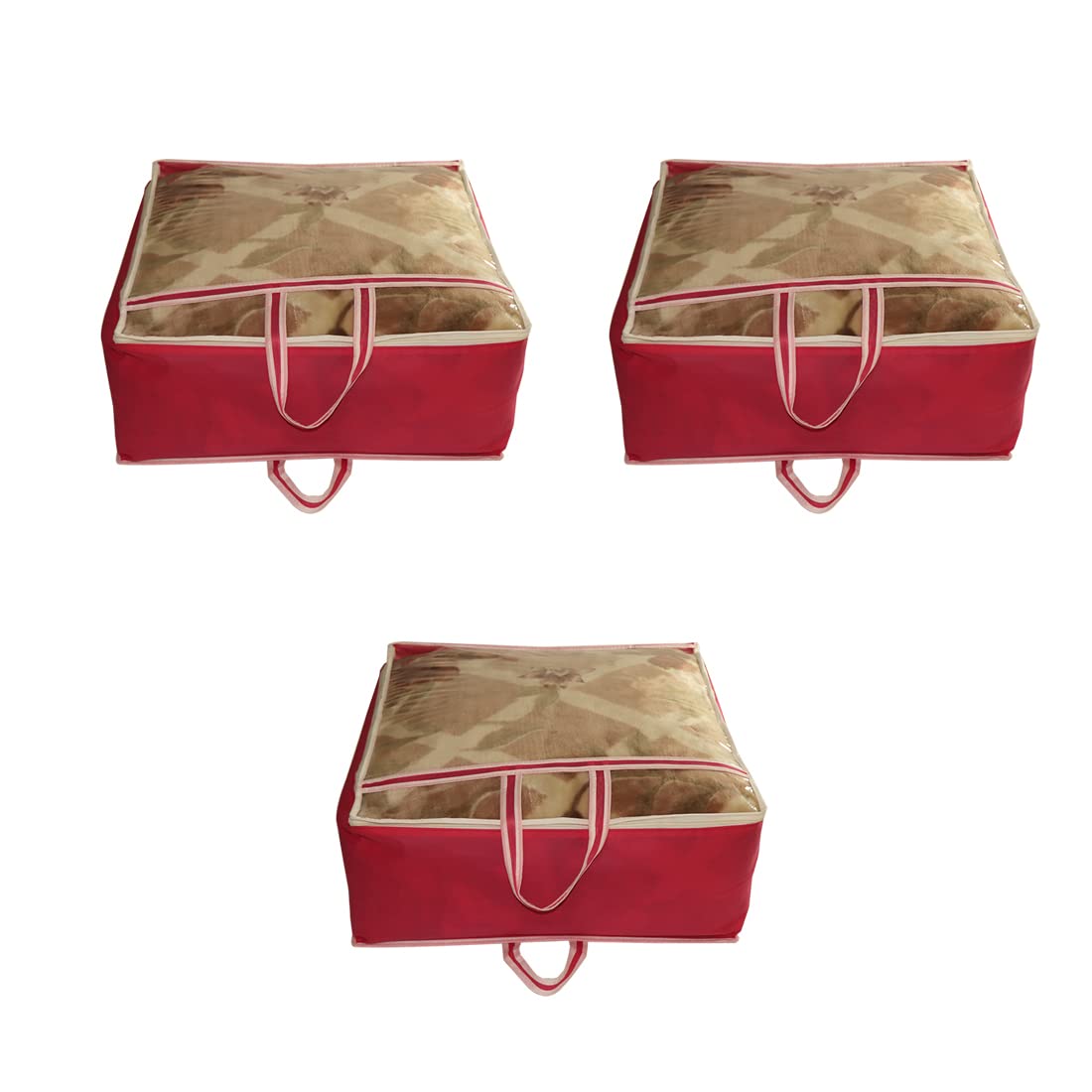 Present Non-Woven Fabric Blanket Storage Bag Large Size Transparent Window with Handle Large Size Storage Bag Cover Under Bed Storage Organisers Set (Pink Pack of 3)-image-42
