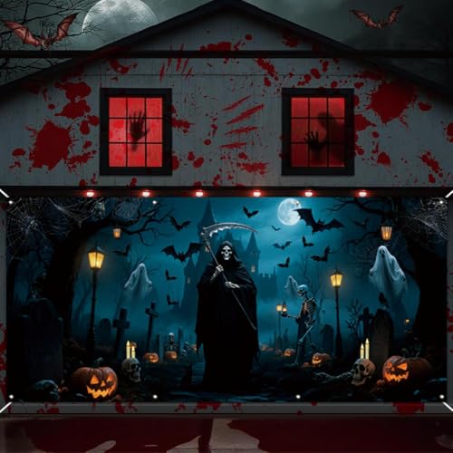 Pancarta de Halloween para puerta de garaje y decoración exterior de tela resistente 4