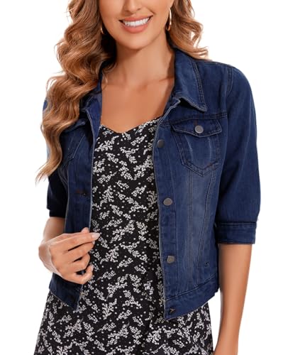 Women's Short Denim Jacket 2025 Lapel Stretch Jean Coat Button Trendy 3/4 Sleeve Cropped Denim Jackets
