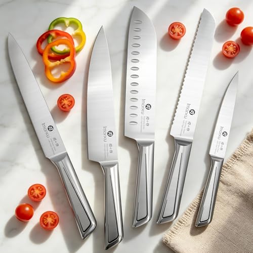 Image of imarku High Carbon Stainless Steel Gyutou Knife Set with Block, Precision-Forged Razor Sharp 10-15 Edge, Ergonomic Non-Slip Handle, Built-in Sharpener, Brown, Best Gift Choice, Cooking Enthusiasts