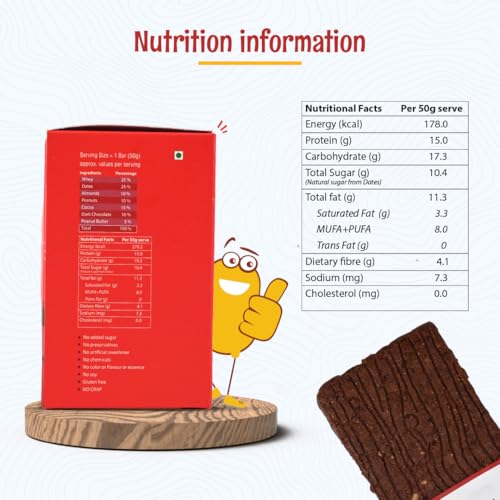 Image of ANAVRIN Choco Fudge Protein Bar - 15g Protein, 4g Fibre in each bar (6 Bars x 50gm) No Added Sugar, Goodness of Dates, No Soy, No Preservatives Gluten Free High Energy Protein Bar Healthy Snack