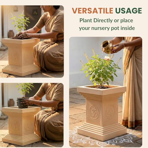 Image of Tulsi Pot for Home | Heavy Duty Tulsi Kota | UV Protected Tulsi Planter | Pooja Plants Gamla for Office | Puja Pots | Traditional Tulasi Stand for Indoor & Outdoor Use | Sand Dune