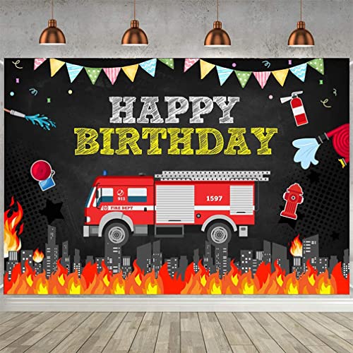 Toile de fond d'anniversaire en forme de camion de pompier - Décoration d'anniversaire - Décoration de fête de pompier - Toile de fond Cover