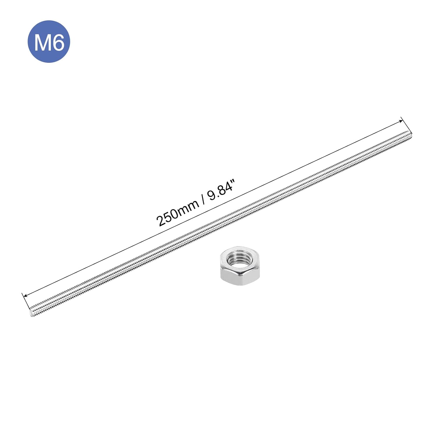 MECCANIXITY 2Pack M3 x 250mm Fully Threaded Rod with 4 Pack Hex Nuts, 0.5mm Thread Pitch 304 Stainless Steel Right Hand Threaded Rods Bar Studs