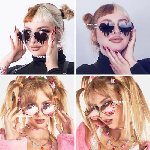 COASION Red Melting Heart Fire Flame Glasses for Women Men Rimless Halloween Costume Sunglasses Shades with Rhinestone2
