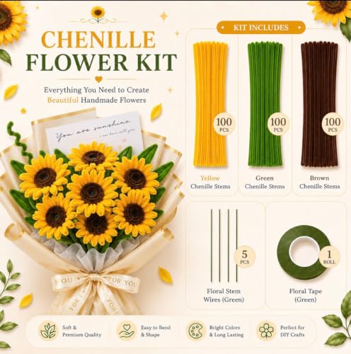 Image of RUHANI 300 Pieces Pipe Cleaner Sunflower Bouquet Kit, Chenille Flower Craft Set