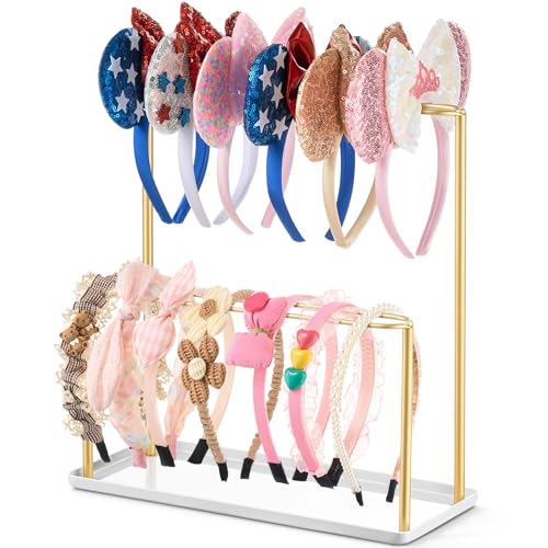 pickpiff Headband Holder Organizer Metal 2-Tier with Tray: Hair Accessories Display Stand Storage, Purse Charms Key Rings Rack Necklace Stand Home Bedroom for Girls Women, Gold
