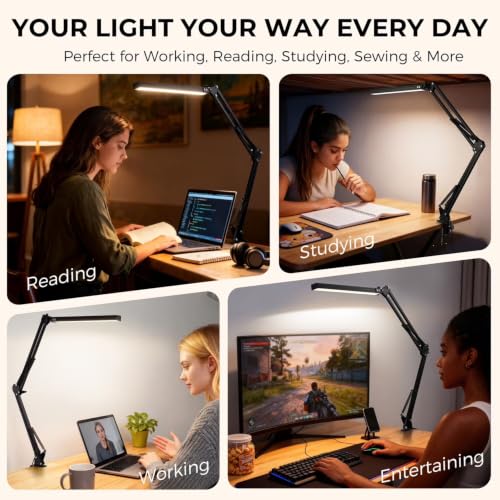 Image of Swing Arm LED Desk Lamp with Clamp, USB Powered Dimmable Table Lamp, 3 Color Modes & Adjustable Brightness, 360 Flexible Gooseneck Architect Light for Study, Office, Reading & Workbench