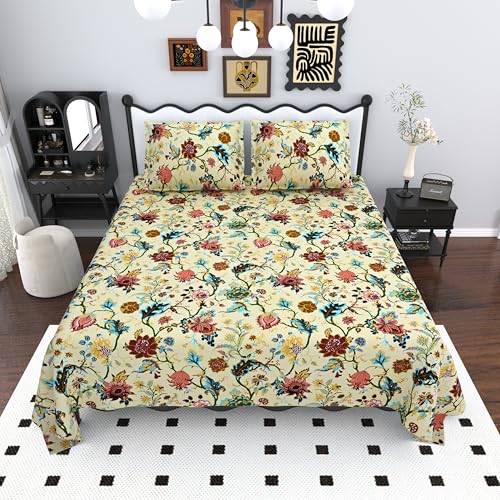 Image of Mafatlal Saanjh 144 TC Cotton King Bedding Set 108x108 Inch | Cooling Summer Fabric | Floral Printed Top Sheet | Block Printed | Comfortable Smooth Touch | Pillow Cover Included | Pastel Yellow