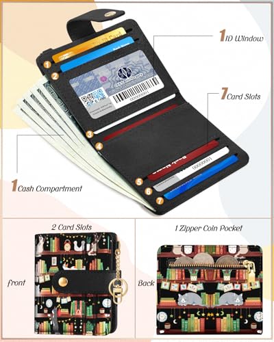 Image of Bistup Small Card Wallet for Women with Keychain, Cat & Bookshelf | Clear ID Window, Compact Design for Daily Carry, Durable Material, Sturdy Keychain, Aesthetic