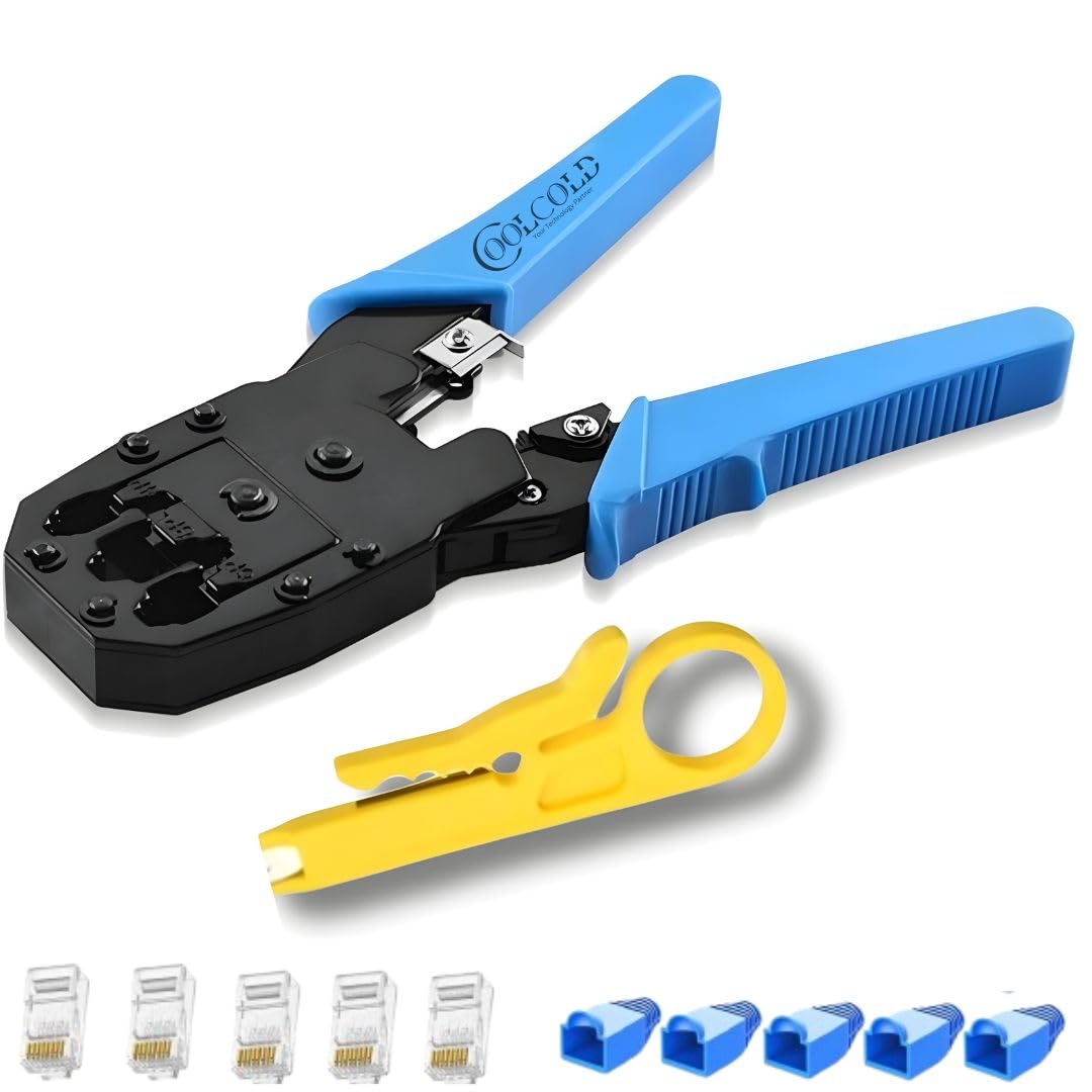 COOLCOLD Crimping Tool RJ45 | Tool Kit | Wire Stripper And Cutter, 3 in 1 Modular RJ11 UTP Cat5E/Cat6 LAN Cutter RJ45 RJ12 4P4C 4P2C, with 5pcs Rj45 Connectors and 5pcs Boot Covers (Blue)-picture-19