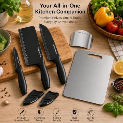 Image of Kitchen Knife Set 3 Pcs with Stainless Steel Cutting Board, Kitchen Scissors & Steel Finger Guard (6-Pcs Set) | Black Coated Blades with Covers | Vegetables, Fruits & Daily Kitchen Cutting uses