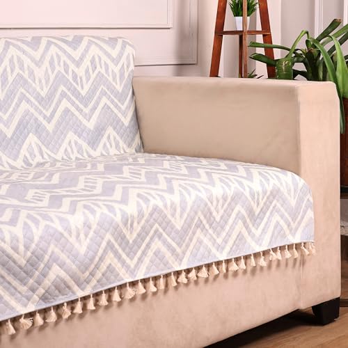 Image of STITCHNEST Quilted Velvet Sofa Cover with Tassels - 48x60 Inch, Grey & Ivory Zigzag Design, Soft & Stylish, Washable Sofa Protector for 2-Seater