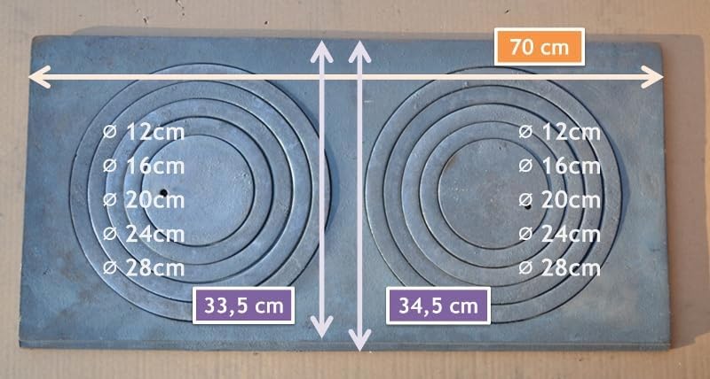 SEZAM Placa de fundición para horno con 2 agujeros, 70 x 33 cm, placa de carbón de hierro fundido gris