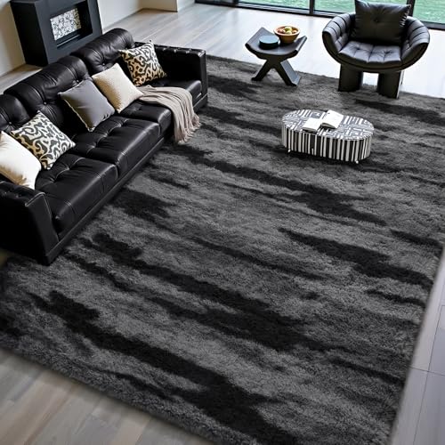 HOMORE 4x6 Area Rug for Bedroom, Black and Grey Fluffy Shaggy Rugs for Living Room, Gradient Abstract Rugs for Kids Boys Girls Room, Plush Rug for Dorm Home Floor Decor