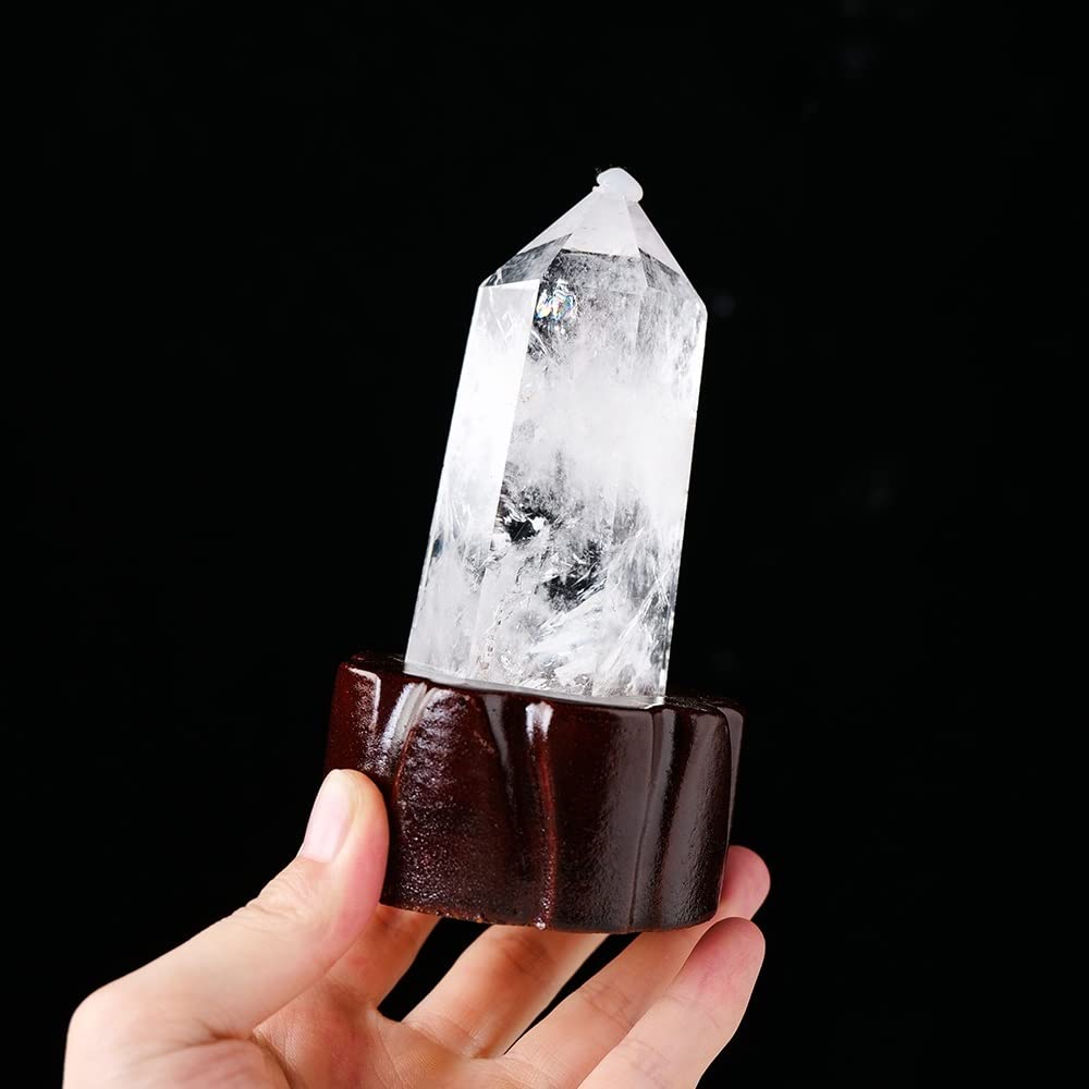 Columna de Cristal de Punto de Cuarzo Transparente con Base de Madera Torre de Cristal Decoración de Piedra for el hogar decoración de la habitación