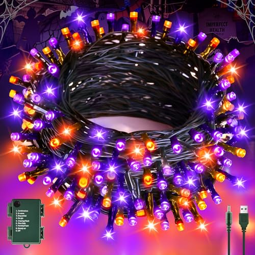 cshare Stringa Luci Decorazioni di Halloween, 6M 60LED Arancione-Viola USB/Batteria Catena Luminosa con Timer Impermeabili, per Esterni, Interni, Autunnali Halloween Decorazioni- Filo Verde