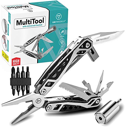 DRFRIEDELS Multitool  22 in 1 Tools and Universal Socket Set  Multitools Including Screwdriver Set for DIY and Repair Jobs  Compact Pocket Multi Tool with Pliers, Bottle Opener, Chisel and More