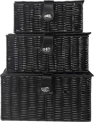 M&W Set of 3 Resin Woven Storage Basket Box With Lid & Lock Large Medium Small (Black)
