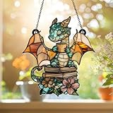 Cute Dragon Acrylic Window Hanging Stained Glass Style Baby Dragon with Books & Flowers Fantasy Suncatcher Gift for Book Lovers, Kids, Fantasy Fans, Nursery or Home Decor