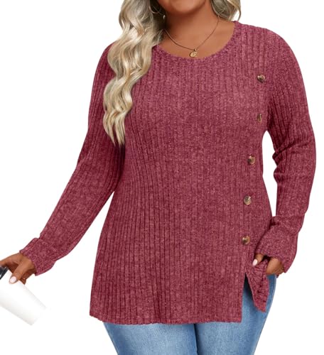 Image of HOTGIFT Womens Plus Size Sweater Tops Long Sleeve Crewneck Casual Tunic Shirts Buttons XL-5XL Blouse Soft Comfy Fashion
