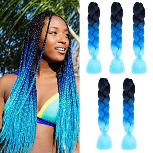 Kanekalon Ombre Braiding hair synthetic Crochet braids twist 24inch 5pcs/lot 100g Ombre two three tone Jumbo braid hair extensions Dreadlocks (black-blue-lightblue)