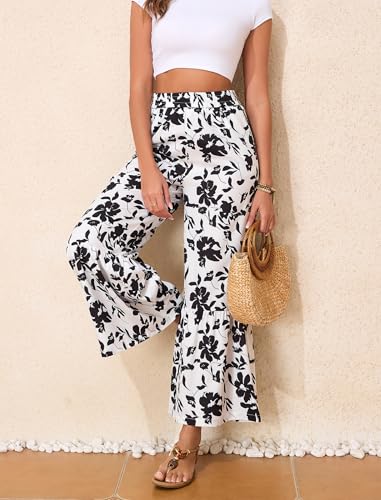 Palazzo Pants for Women Summer Beach Elastic Waisted Trousers with Pockets Wide Leg Loose Fit Pants Black Floral XXL3