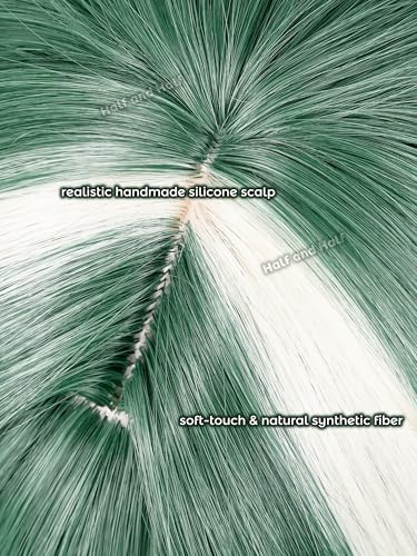 Image of Guita Cosplay Wig Short Dark Green Anime Wig for Women Green and White Layered Wig with Bangs Hime Cut Wigs for Women Halloween Party Costume