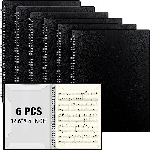 6 Pcs Sheet Music Folder A4 Size 12.6 x 10.2 inch Music Holder Binder Choir Store Inside 20 Protective Sleeves Folder Spiral Binder Organizer for Music Sheet Stand Storing Files (Black)
