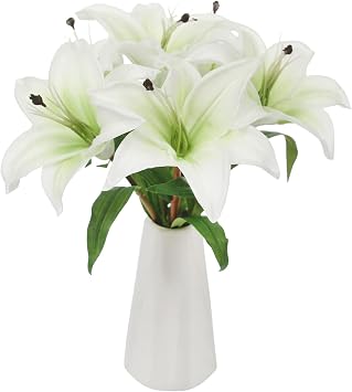 Tinsow 6 Pcs Artificial Lily Real Touch Fake Flowers Lily for Wedding Home Party Garden Shop Office Decoration Easter Lily White, 6