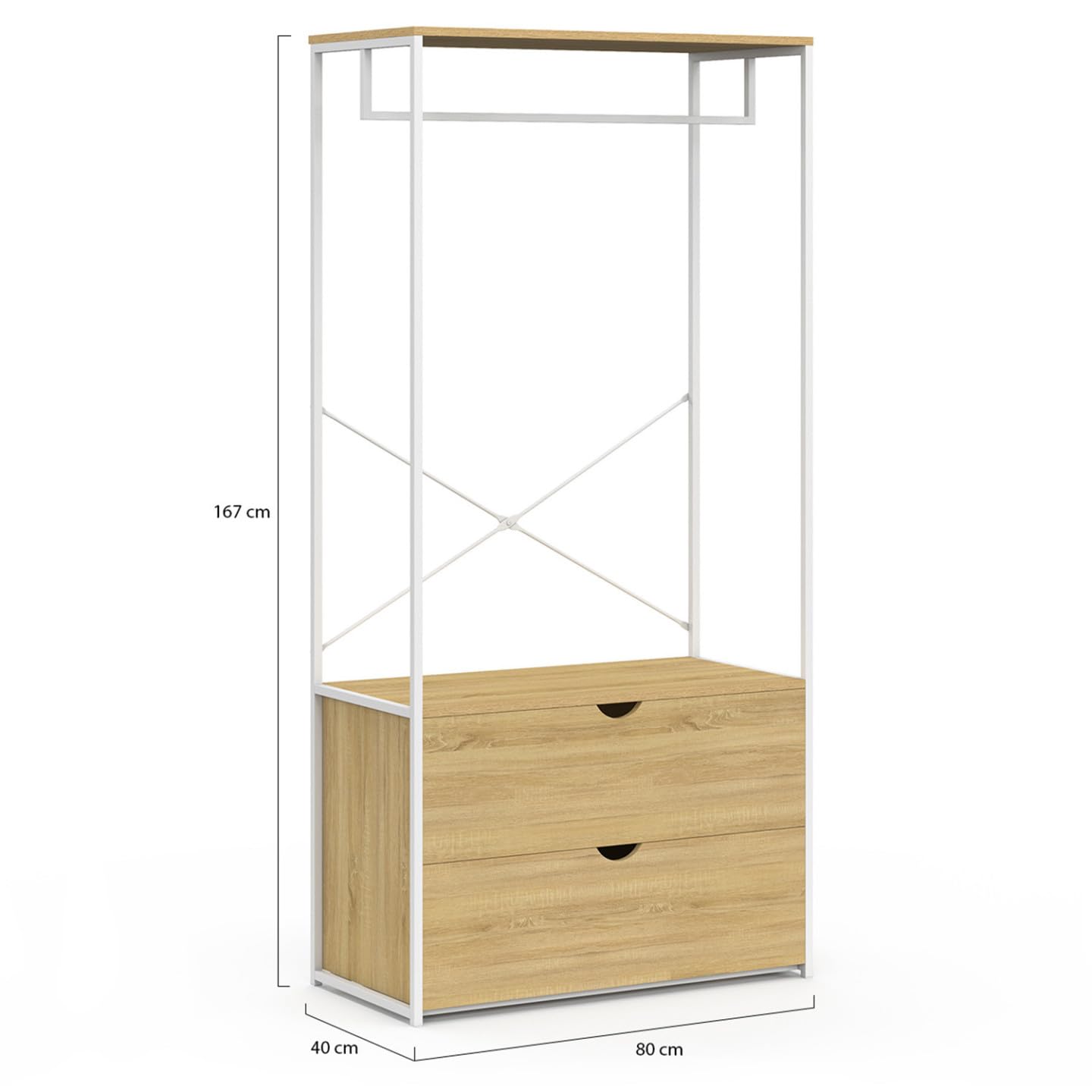 IDMarket - Armario para ropa con 2 cajones L. 80 cm DETROIT diseño industrial en madera y metal blanco